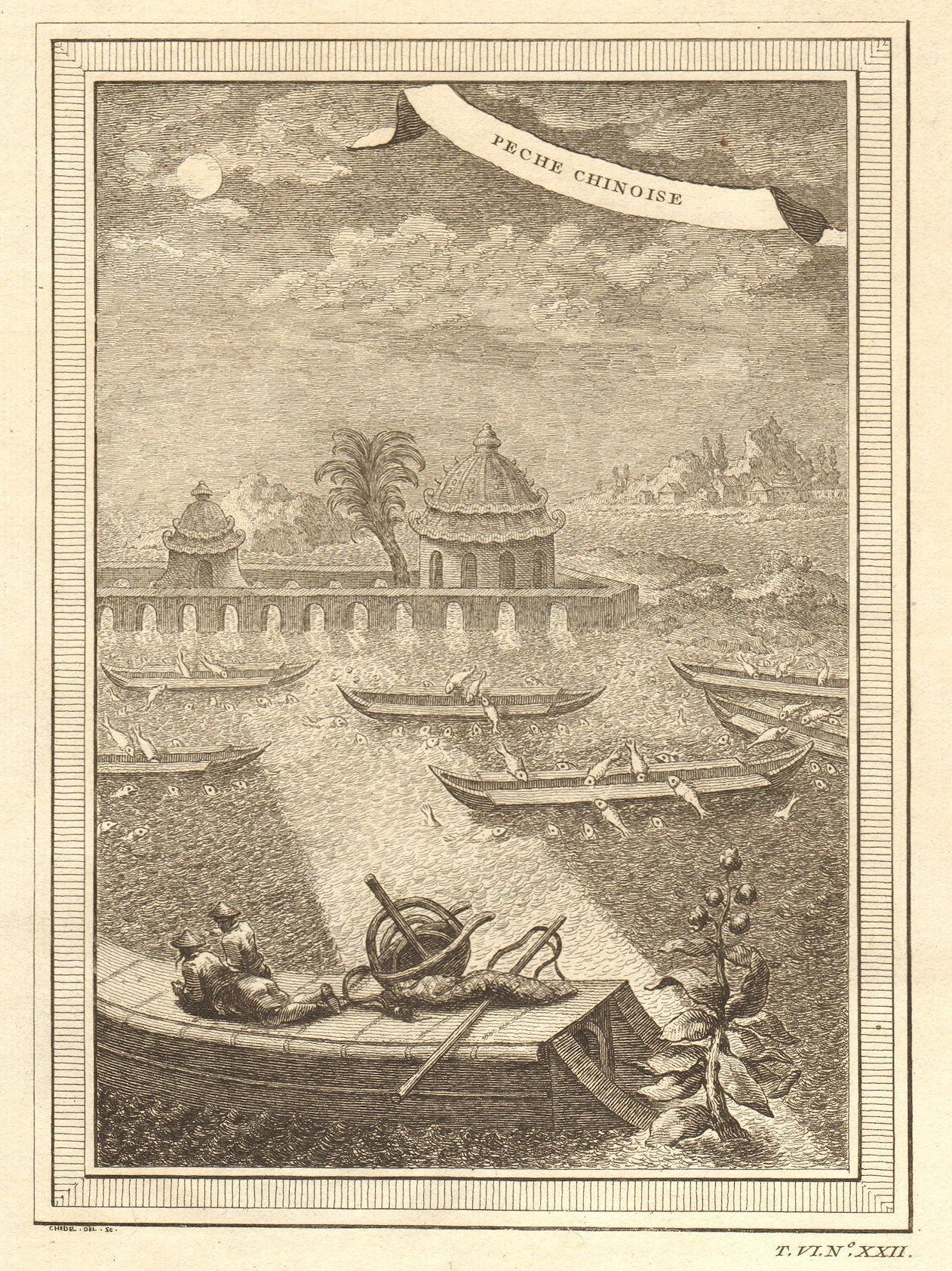 Peche Chinoise. China. Chinese fishing method jumping into varnished boats 1748