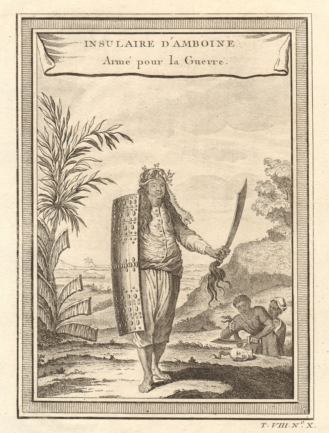 Armed Ambon islander. Moluccas / Maluku, Indonesia. Dismembered head. Sword 1750