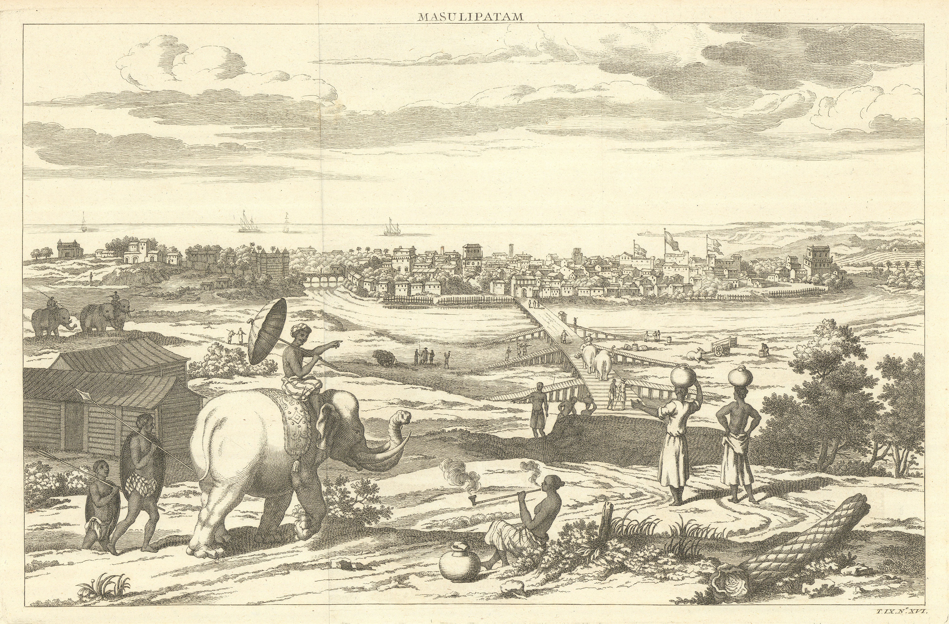 'Masulipatan'. View of Machilipatnam, Andhra Pradesh, India. Elephants 1751