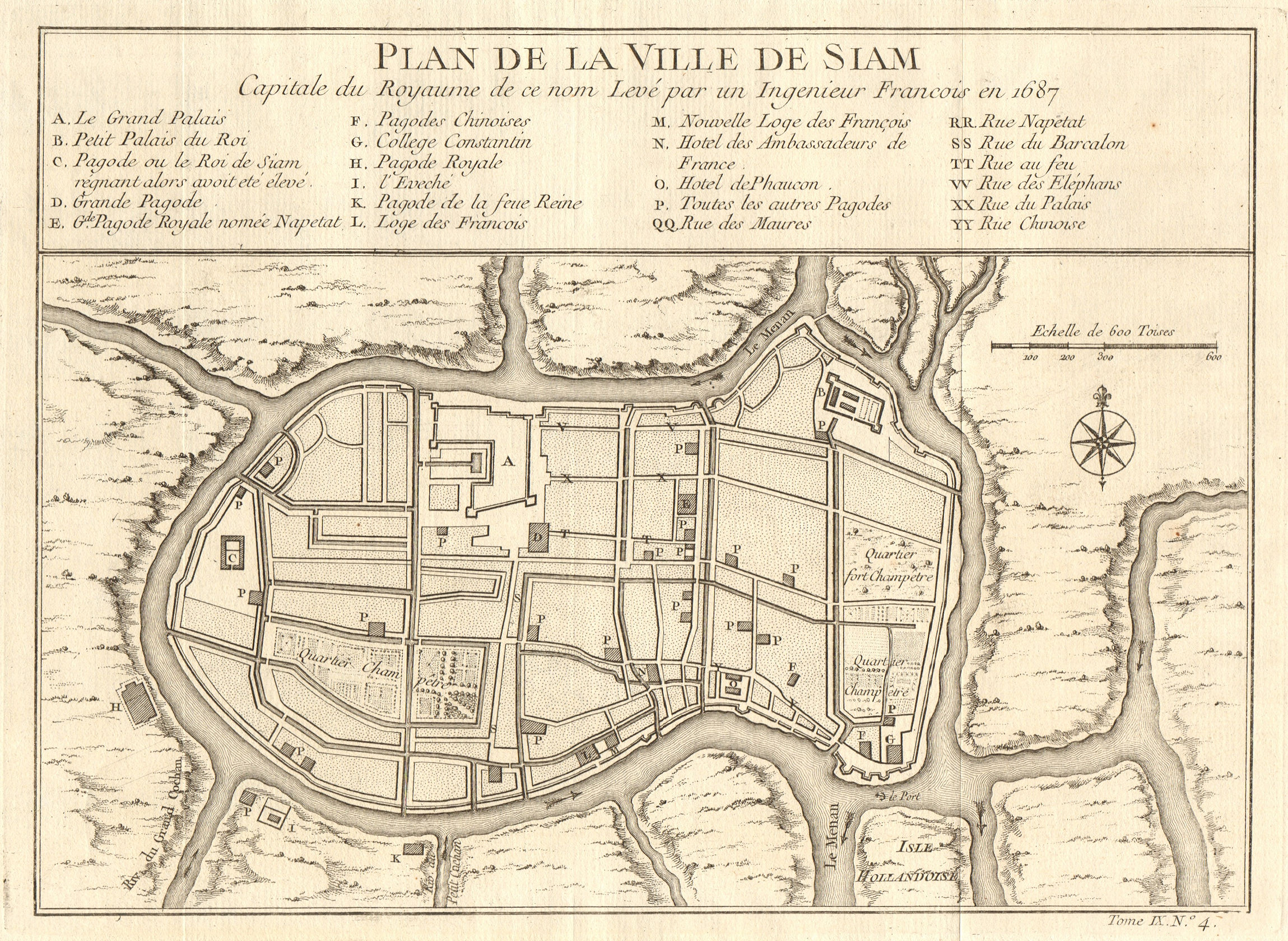 'Plan de la Ville de Siam'. Ayutthaya city plan, Thailand. BELLIN 1751 old map