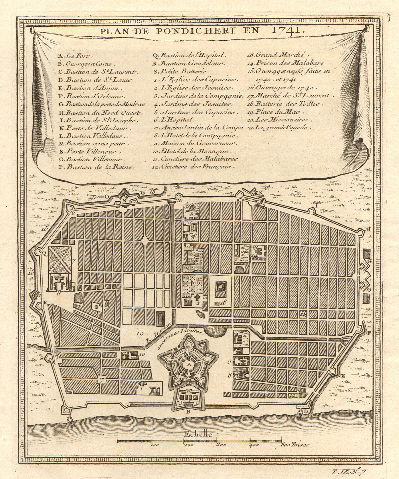 'Plan de Pondichery en 1741'. Pondicherry Puducherry city plan. BELLIN 1751 map