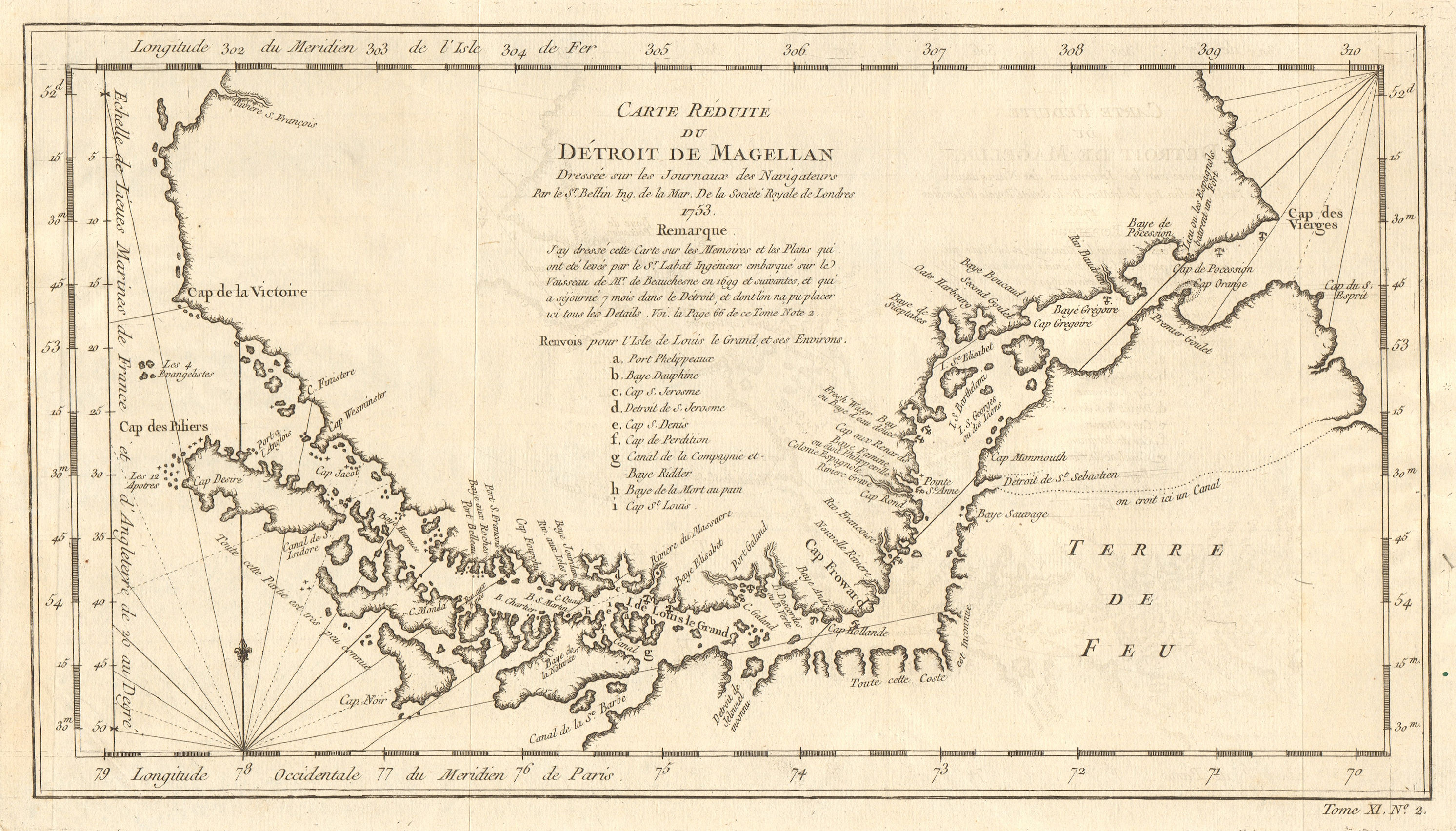 Associate Product 'Carte réduite du Détroit de Magellan' Strait, Chile. BELLIN 1753 old map