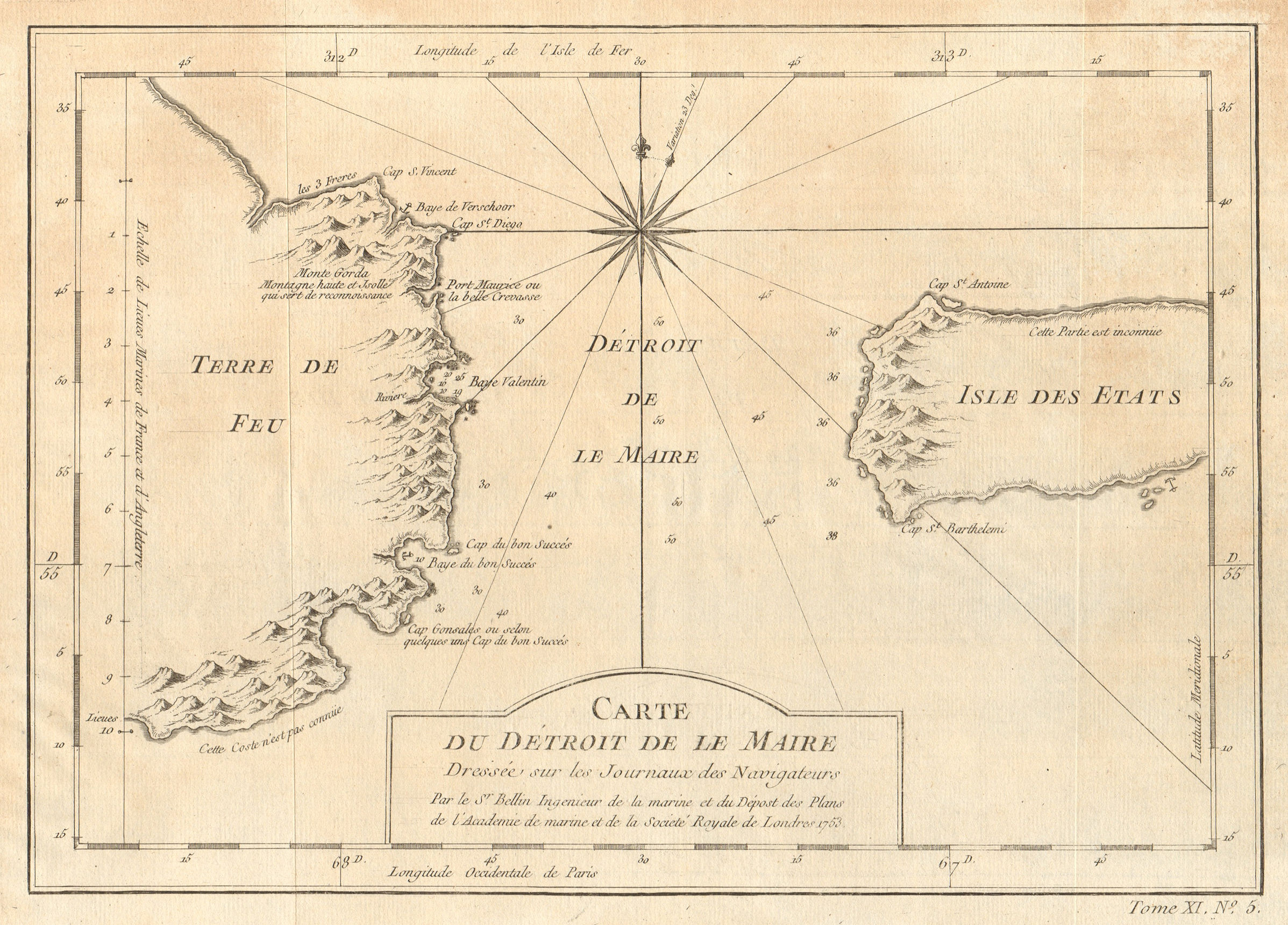 'Détroit de le Maire' Strait. Tierra del Fuego. Isla Estados. BELLIN 1753 map