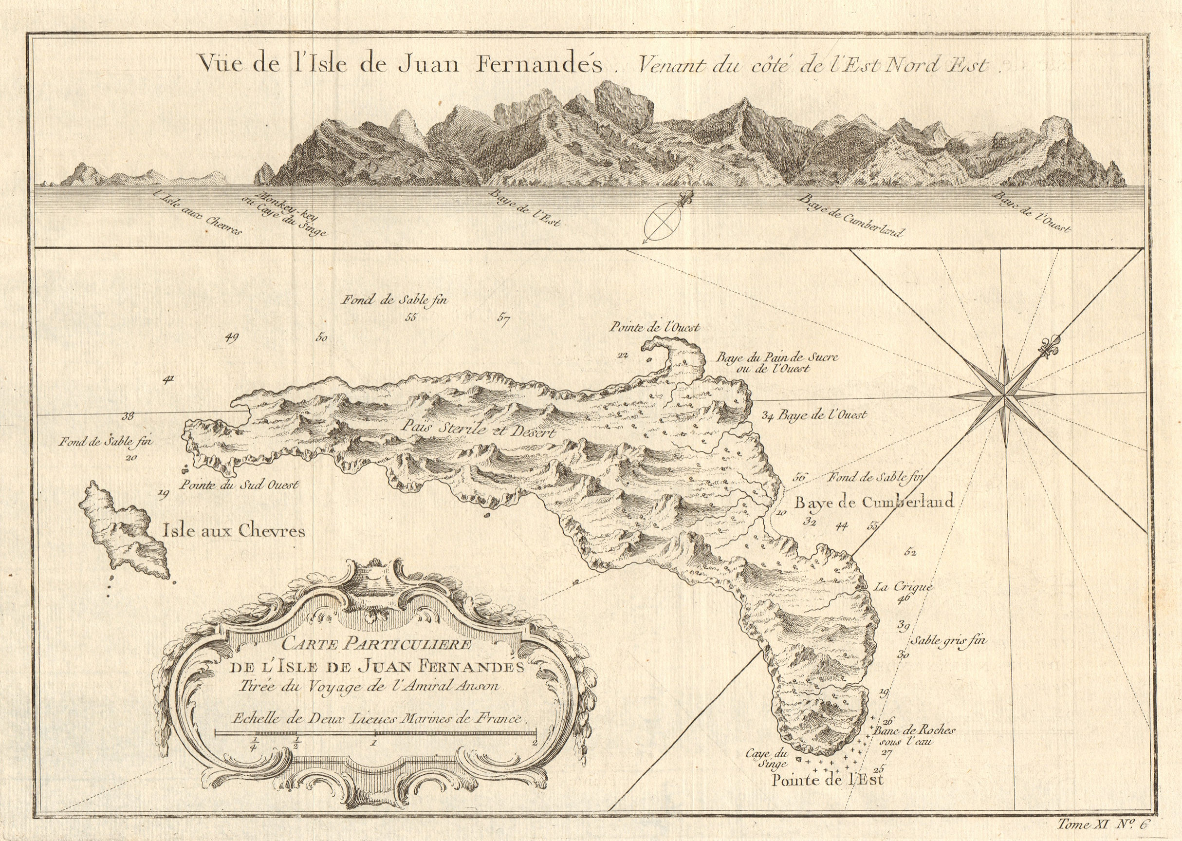 Isla Robinson Crusoe island plan/profile, Juan Fernandez, Chile. BELLIN 1753 map