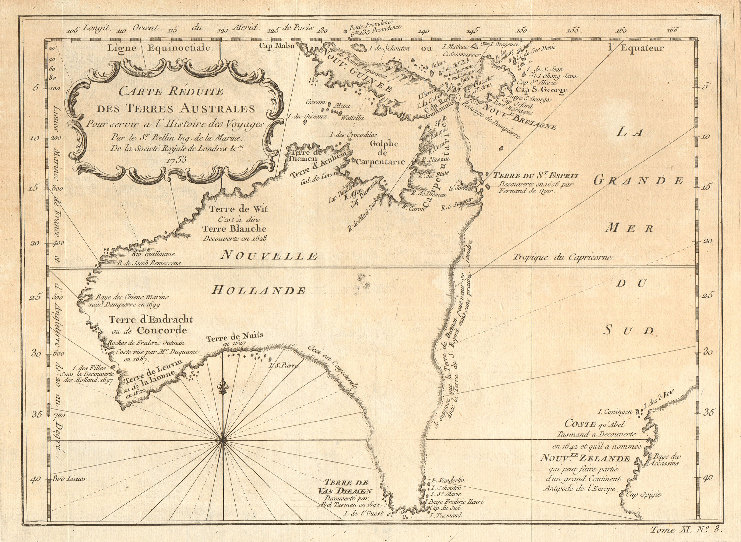 Associate Product 'Carte réduite des Terres Australes'. Pre-Cook Australia & NZ. BELLIN 1753 map