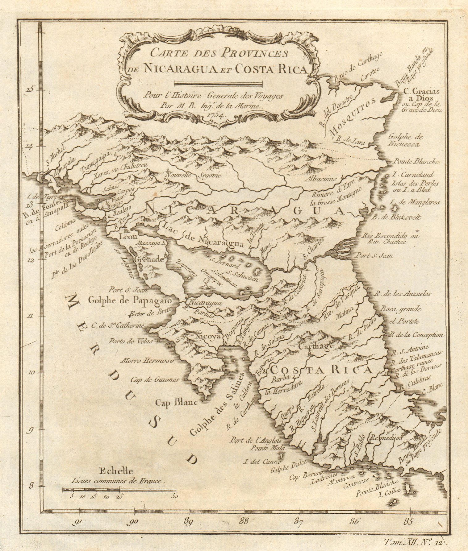 'Carte des Provinces de Nicaragua & Costa Rica'. Central America BELLIN 1754 map