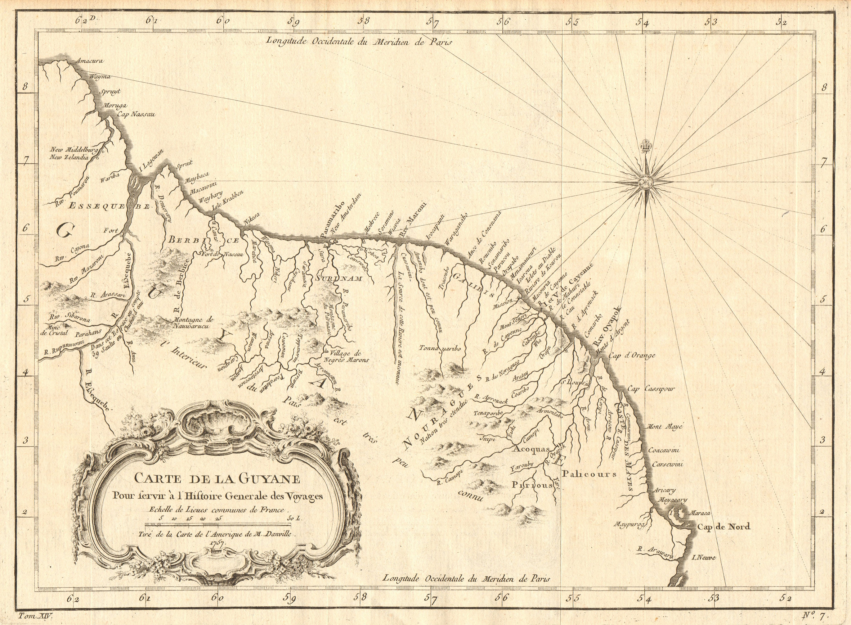 'Carte de la Guyane'. The Guyanas. French Guiana Suriname Amapa. BELLIN 1757