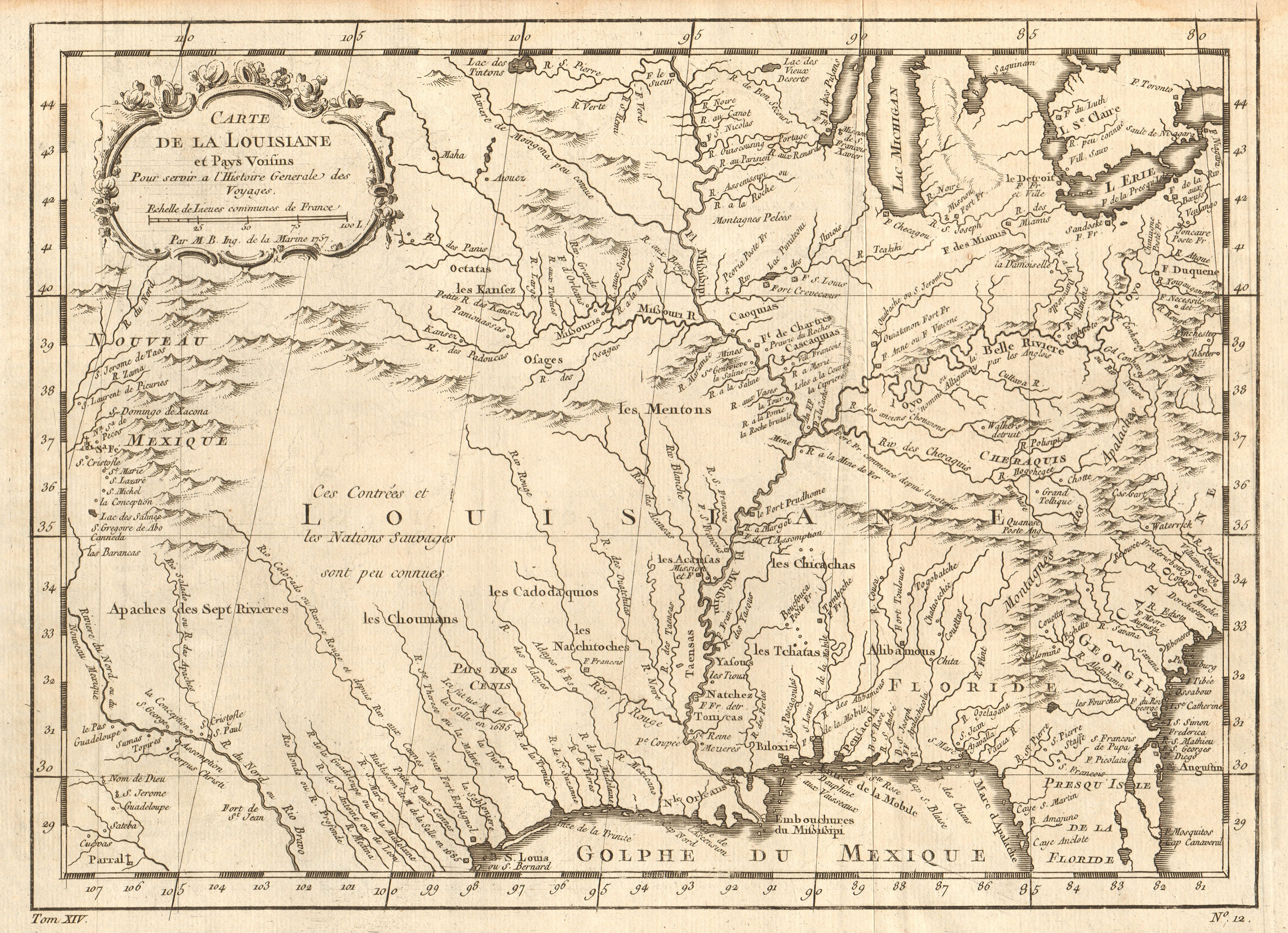 'Carte de la Louisiane et pays voisins'. Mississippi basin. BELLIN 1757 map