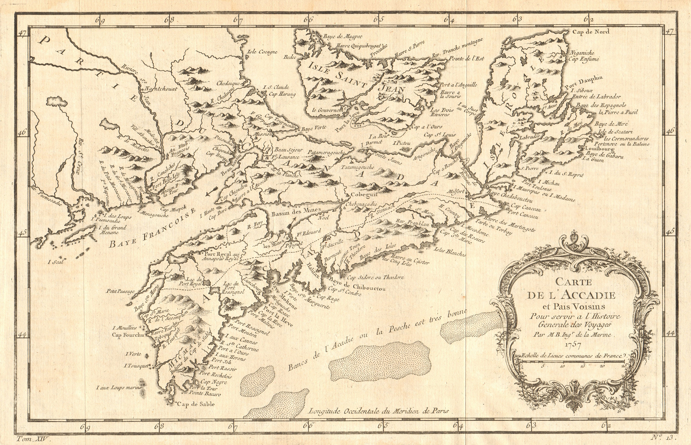 'Plan de l'Accadie et païs voisins'. Acadia. Nova Scotia & PEI. BELLIN 1757 map