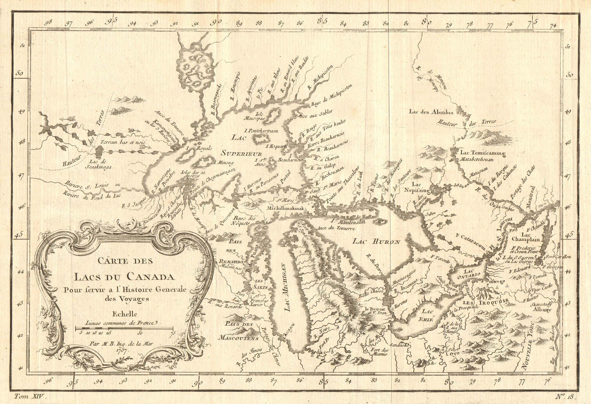 'Cartes des Lac du Canada'. The Great Lakes of North America. BELLIN 1757 map
