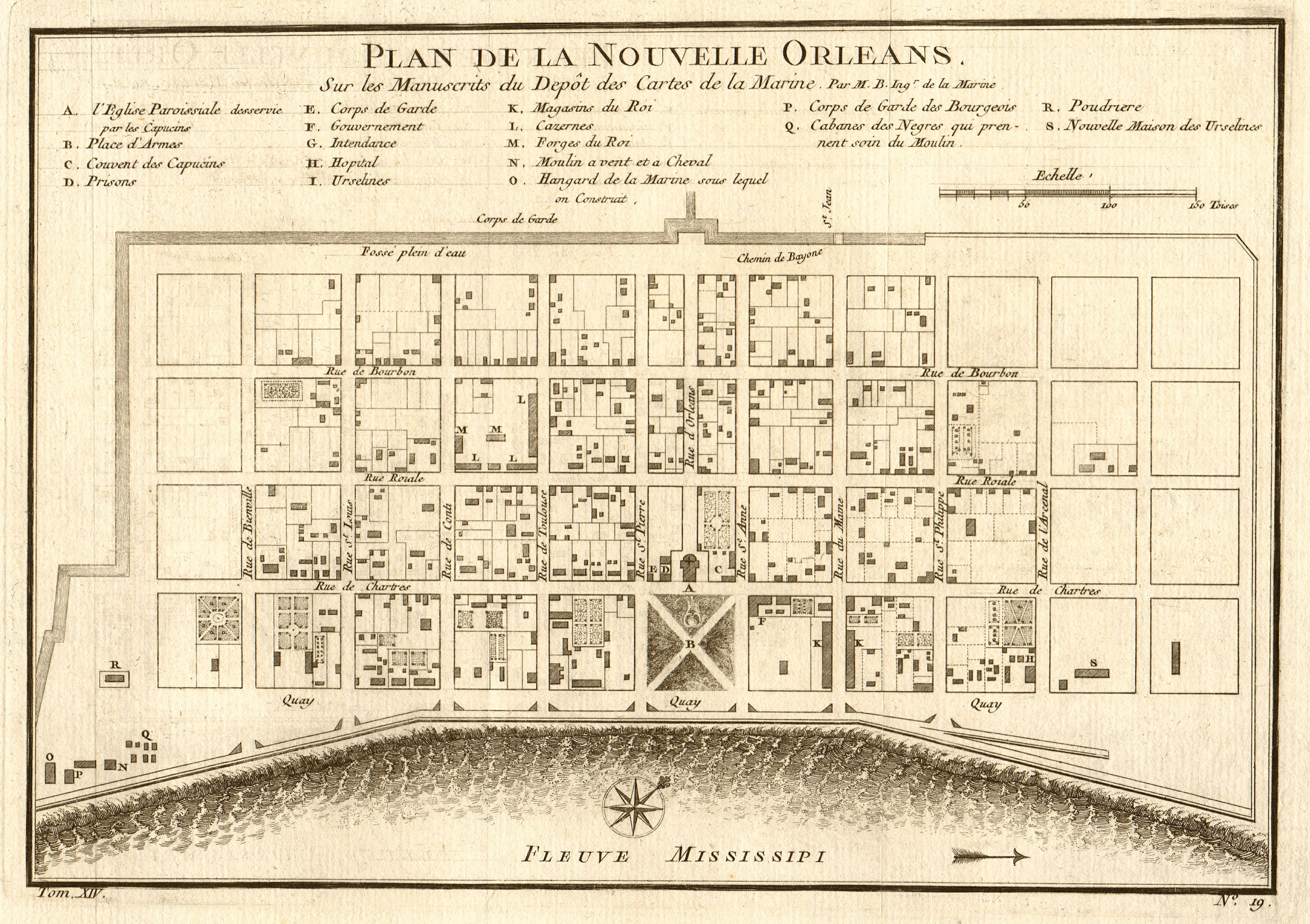 'Plan de la Nouvelle Orléans'. Antique city plan of New Orleans. BELLIN 1757 map