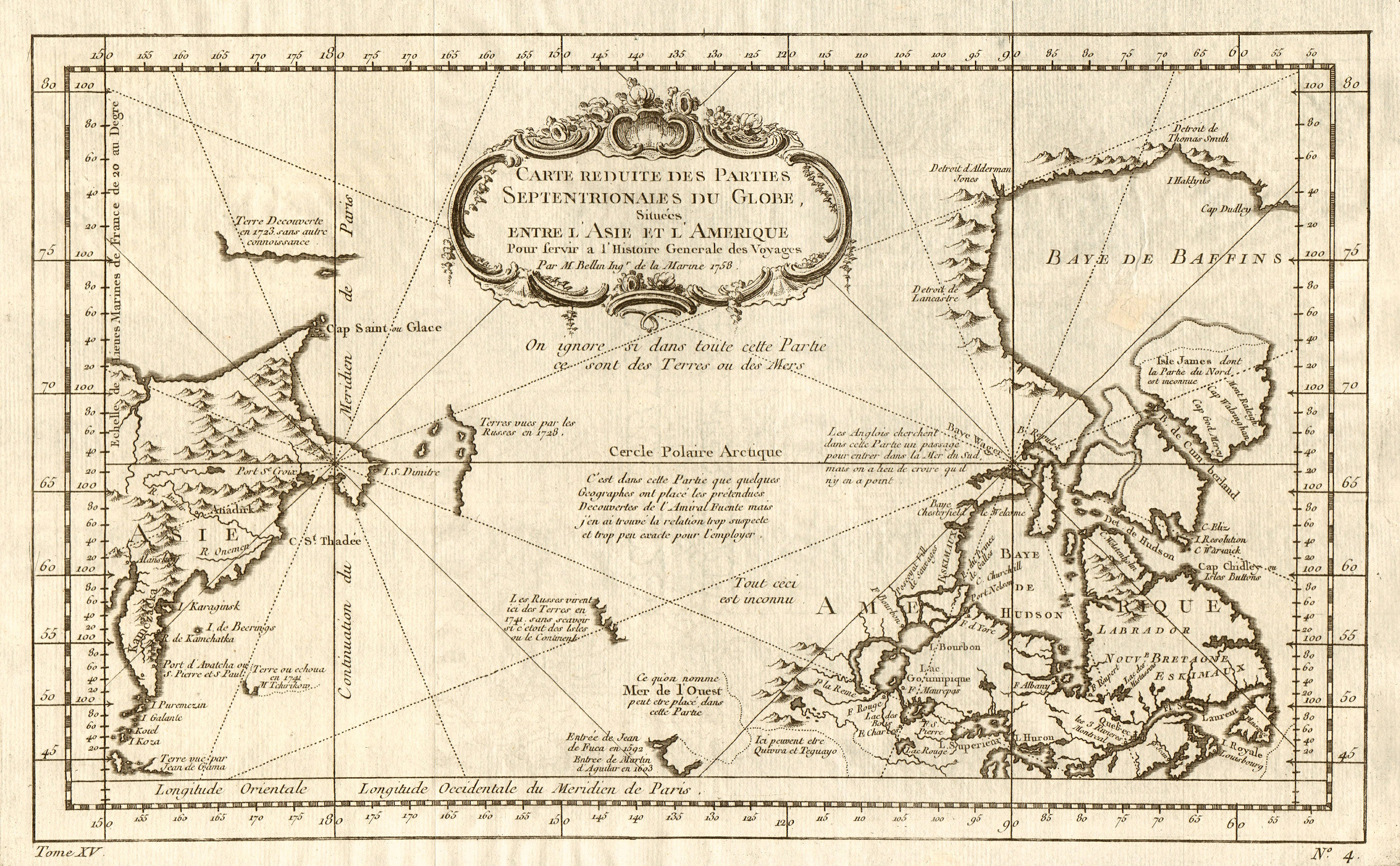 'Parties Septentrionales du Globe…' Canada Arctic Alaska. BELLIN 1759 old map