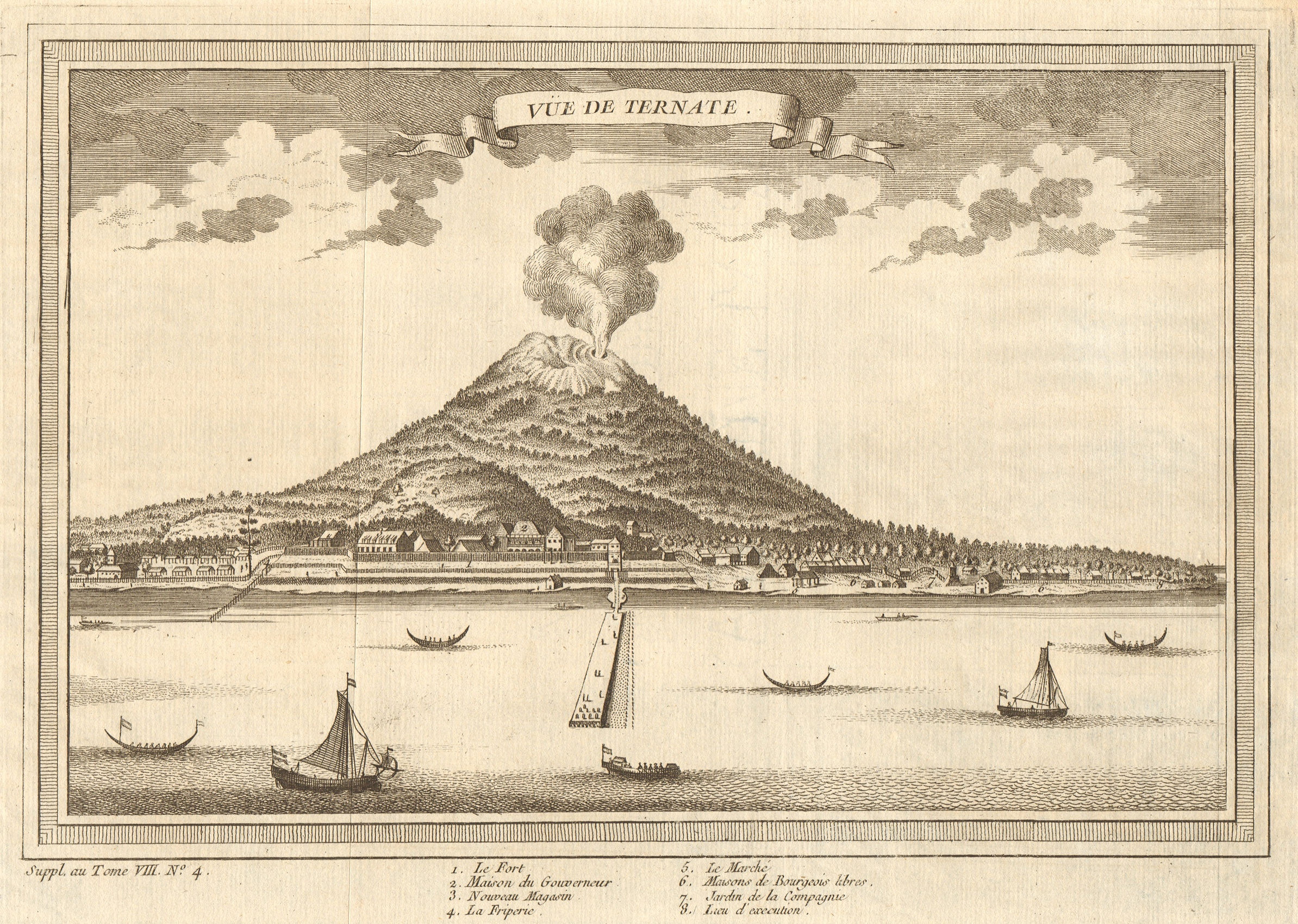 Associate Product View of Ternate town & Gamalama volcano, Molucca Maluku islands. Indonesia 1761