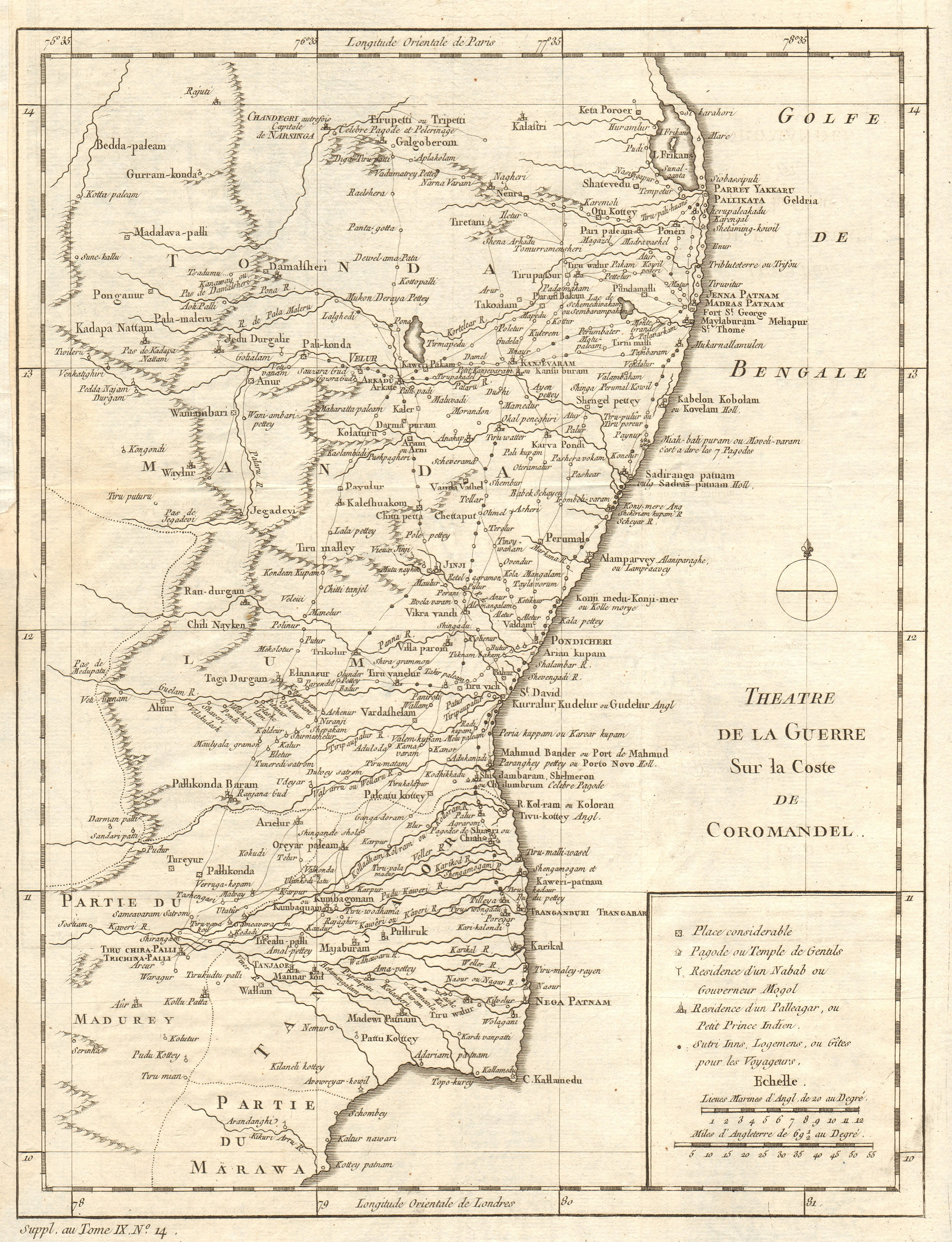 'Thèatre de la guerre sur la Coste de Coromandel'. Tamil Nadu. BELLIN 1761 map
