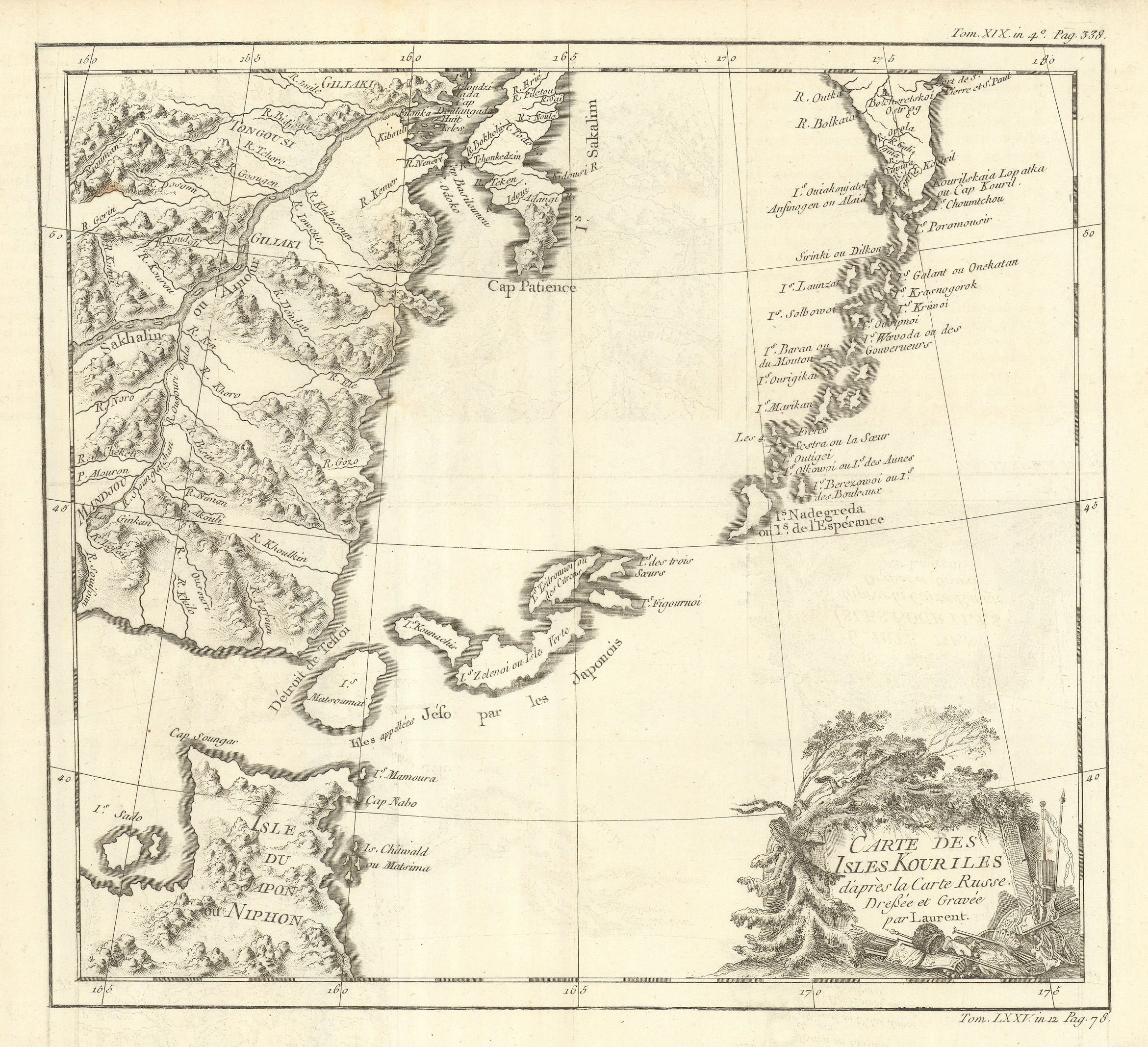 'Carte des Isles Kouriles…' Kurile islands & Hokkaido. LAURENT / BELLIN 1770 map