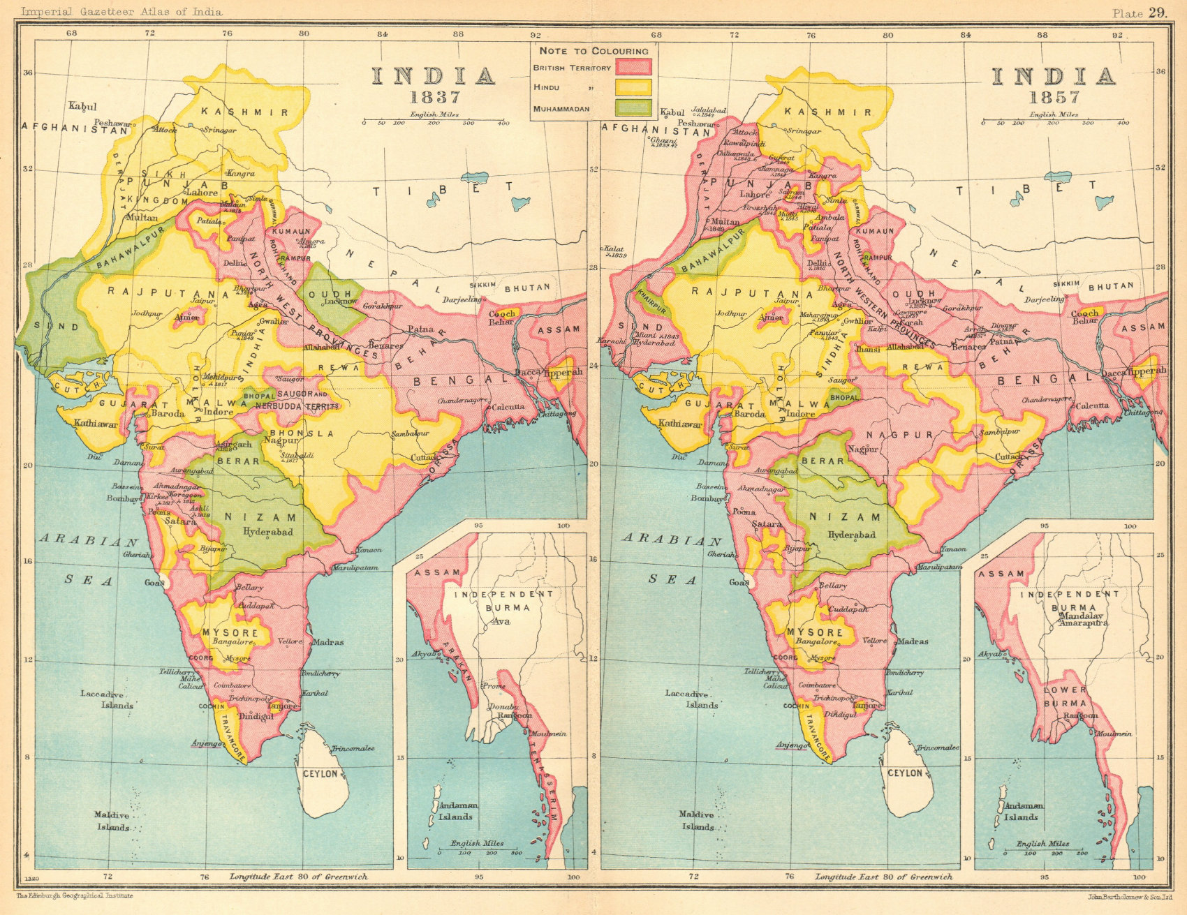 INDIA HISTORICAL. 1837 & 1857. British, Hindu & Muslim states 1931 old map