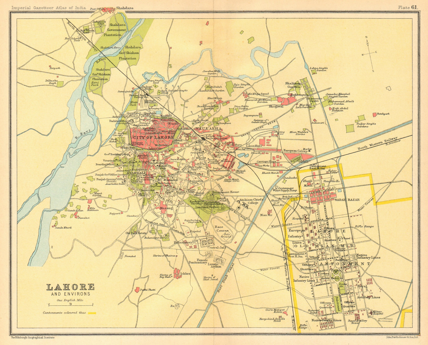 Lahore town city plan. Cantonment Key buildings. British India/Pakistan 1931 map