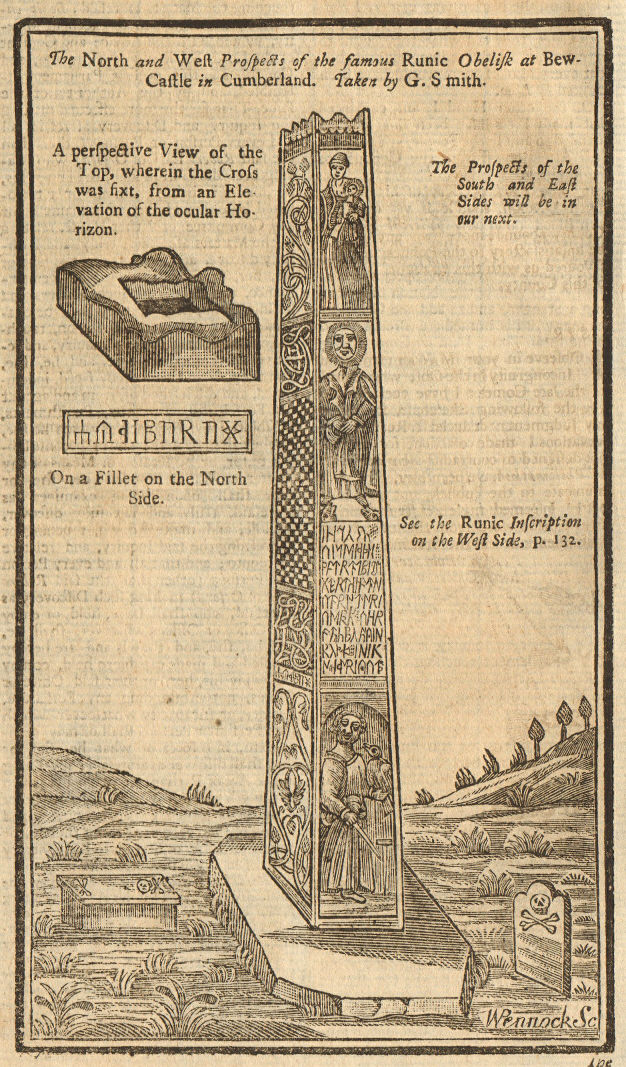 Associate Product North & west faces of the Bewcastle Cross, Cumbria. Runic 1742 old print