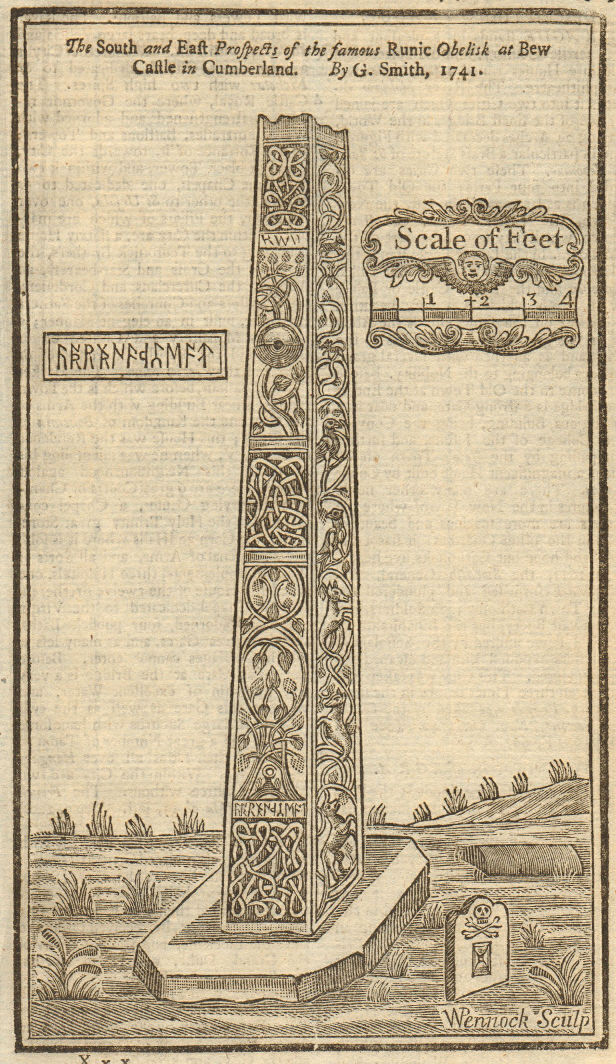 Associate Product South & east faces of the Bewcastle Cross, Cumbria. Runic 1742 old print
