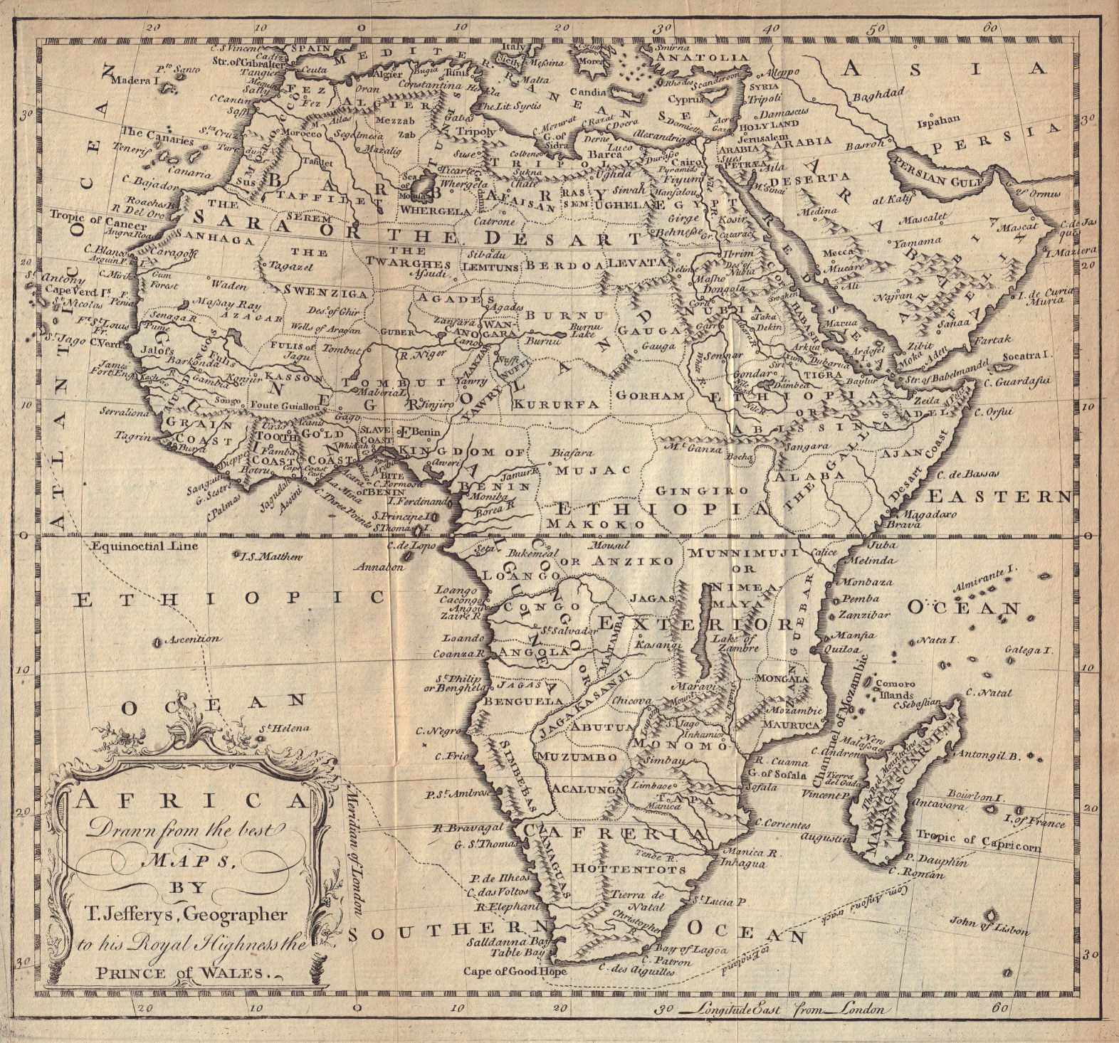 Africa drawn from the best maps by T. Jefferys. Tribal regions 1748 old