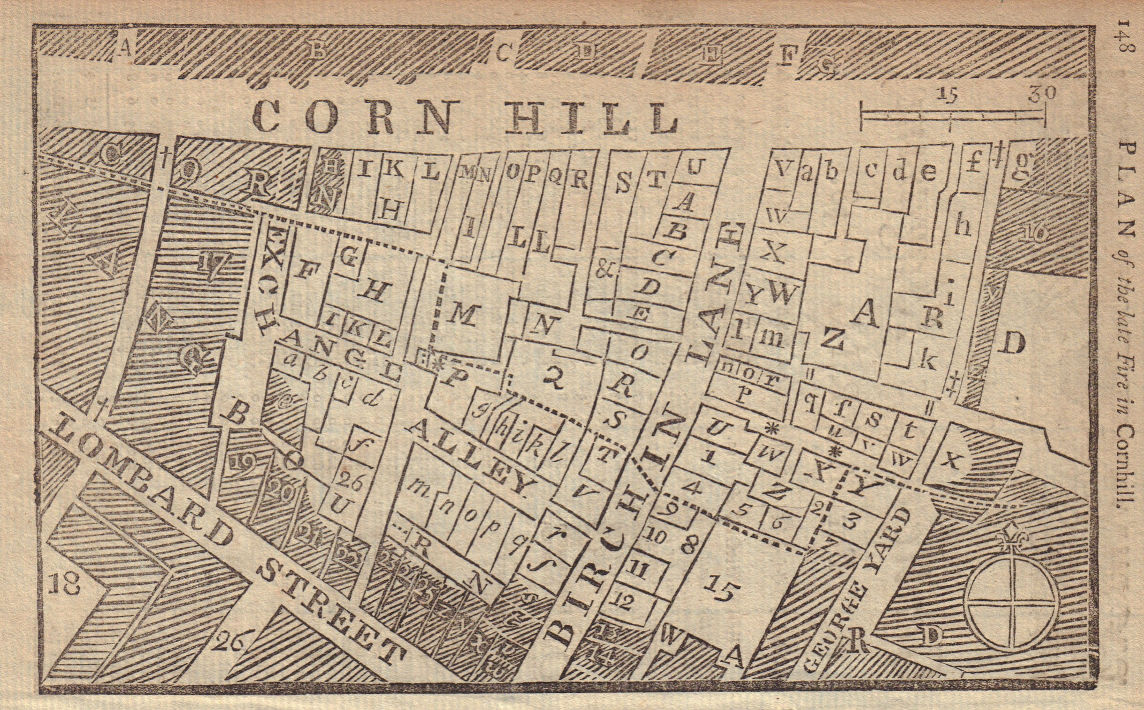 Associate Product The 1748 fire in Exchange Alley, Cornhill, City of London. GENTS MAG 1748 map