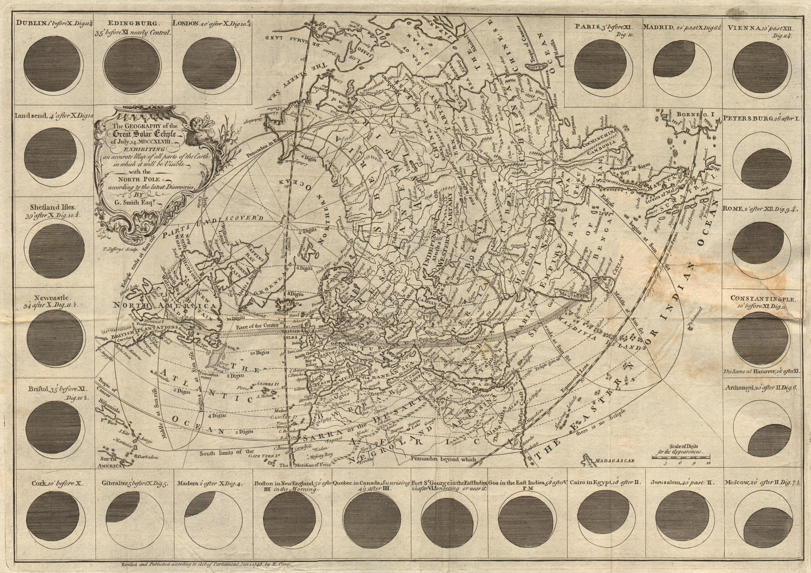 Associate Product The geography of the great solar eclipse of July 14th 1748. SMITH G 1748 map