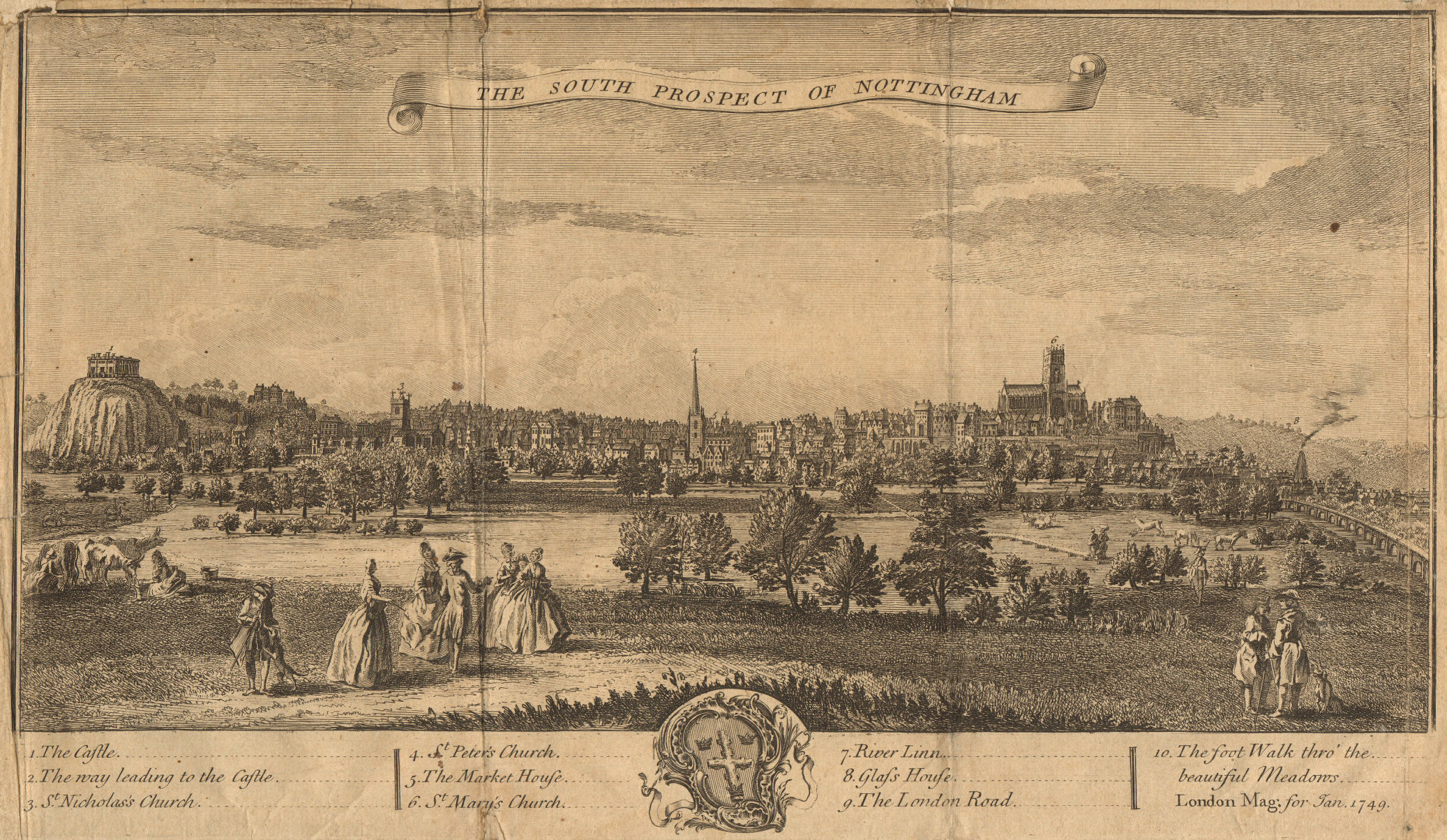 The South Prospect of Nottingham. View of the city 1748 old antique print