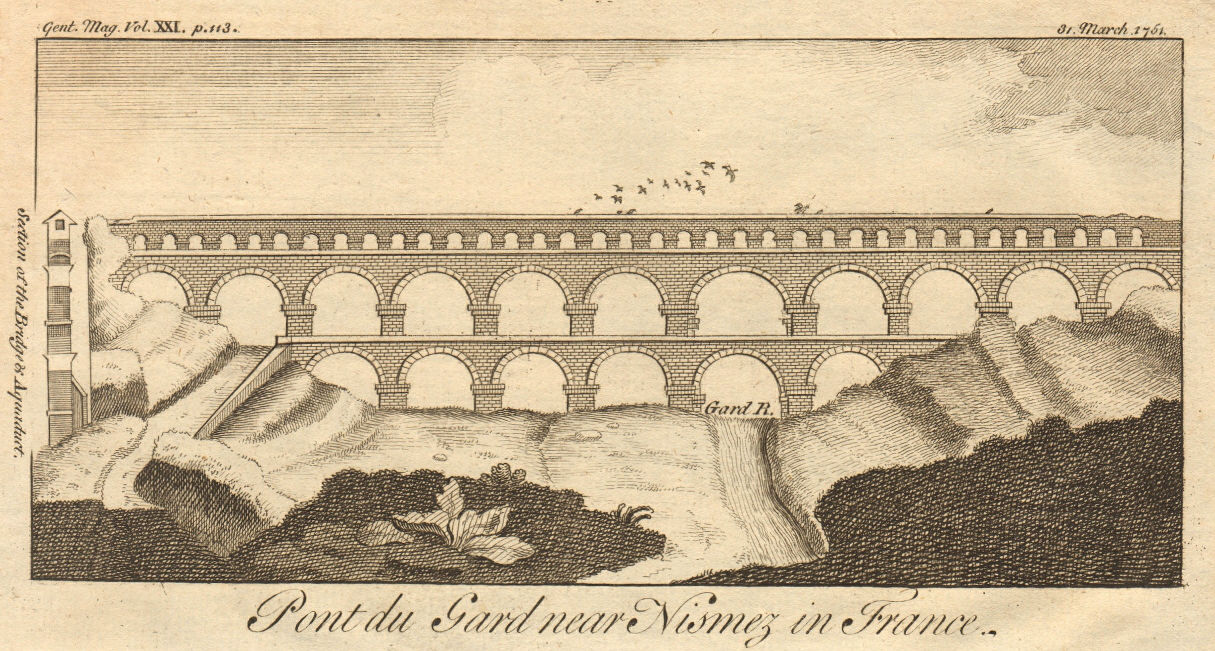 Associate Product Pont du Gard near Nismez in France. Nîmes. Gard. Roman Aqueduct 1751 old print
