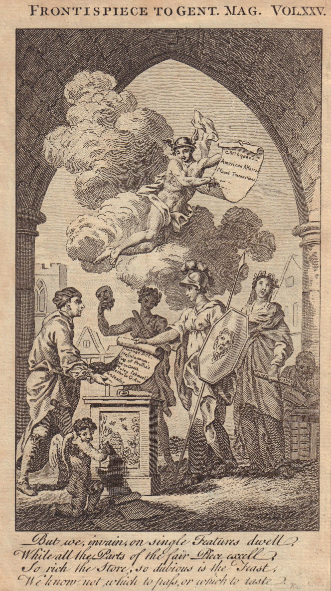 Frontispiece to Gentleman's Magazine Vol XXV. Title pages 1755 old print