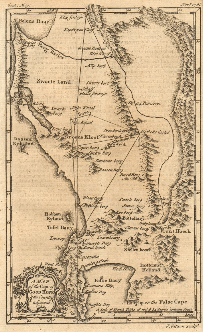 The Cape of Good Hope & country adjacent 1752. South Africa. GIBSON 1755 map
