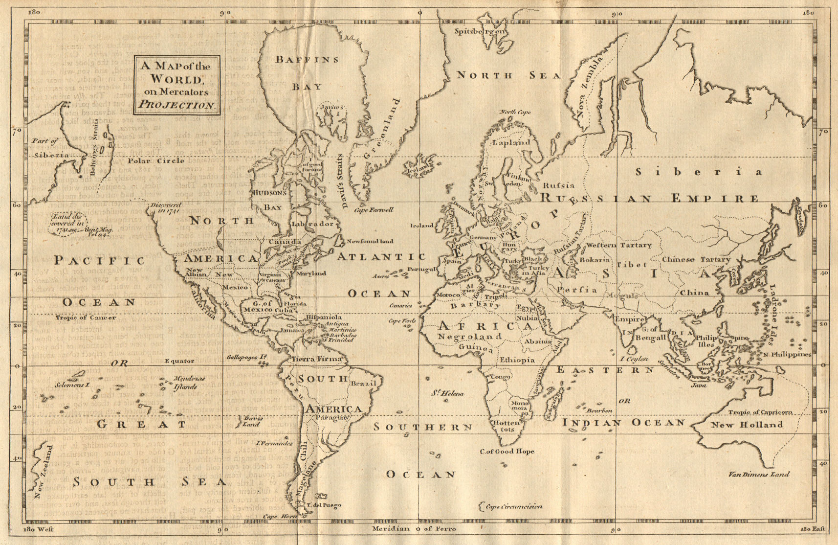 Associate Product A map of the world on Mercators Projection. Davis Land. GENTS MAG 1755 old