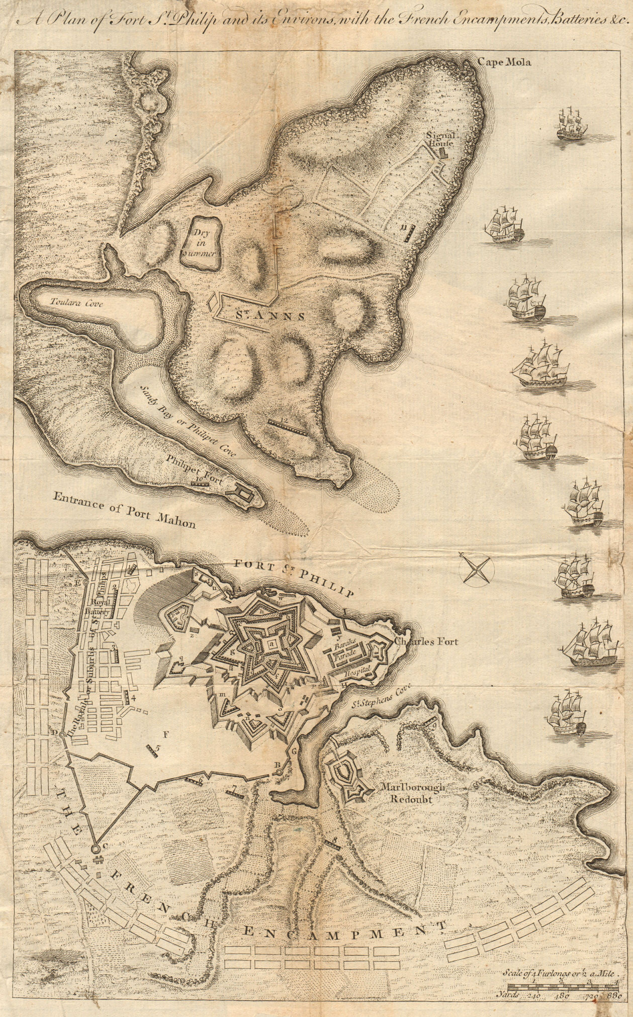 Associate Product A plan of Fort St. Philip, Mahon, Menorca. French siege. GENTS MAG 1756 map