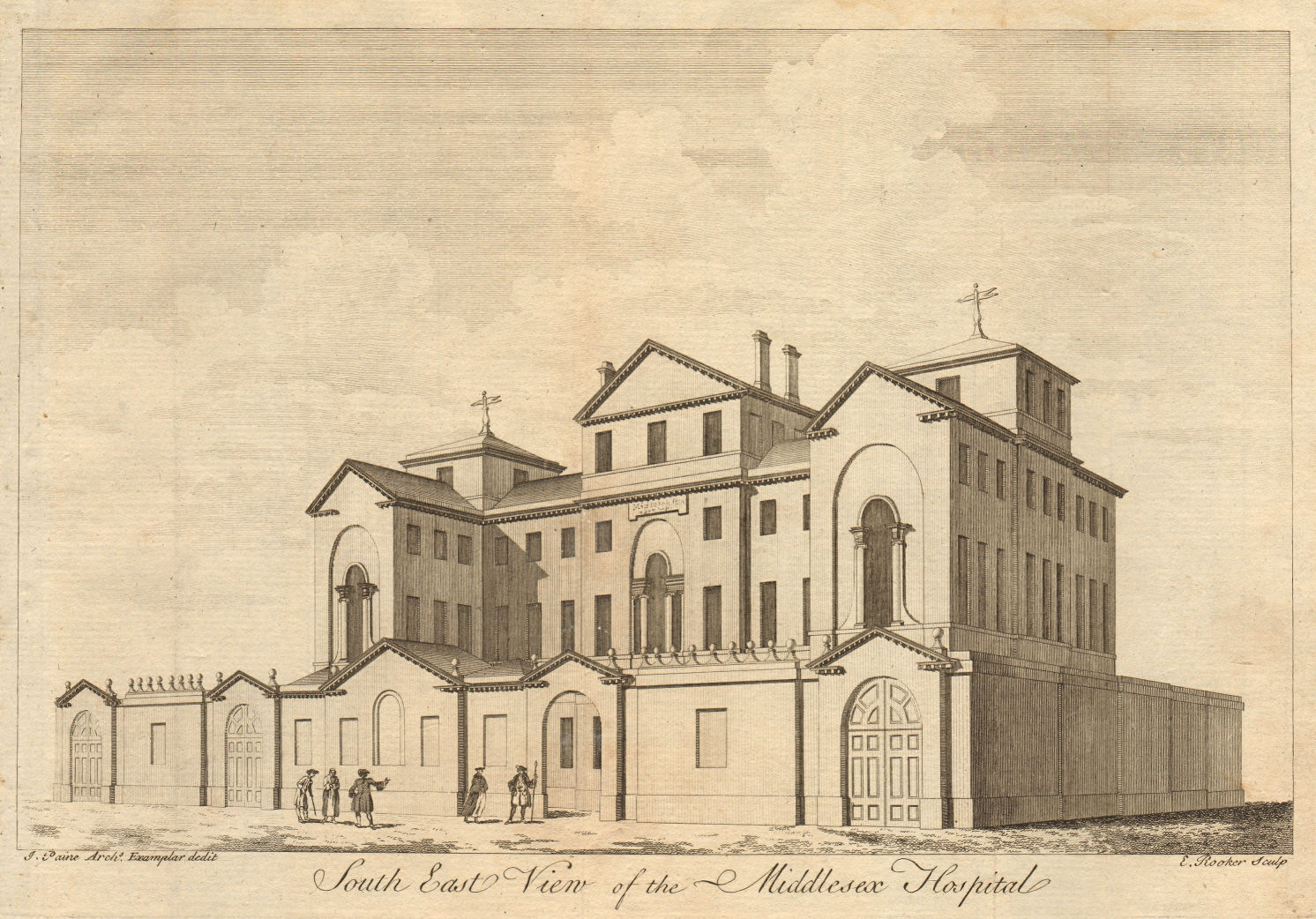 Associate Product South east view of the Middlesex Hospital, Fitzrovia, London 1757 old print