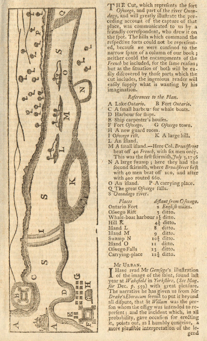 Associate Product Plan of the Forts Ontario & Oswego. River Onondago. New York. GENTS MAG 1757 map