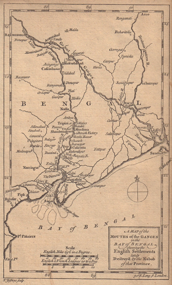The mouths of the Ganges. Calcutta Dhaka Bangladesh W Bengal. JEFFERYS 1757 map