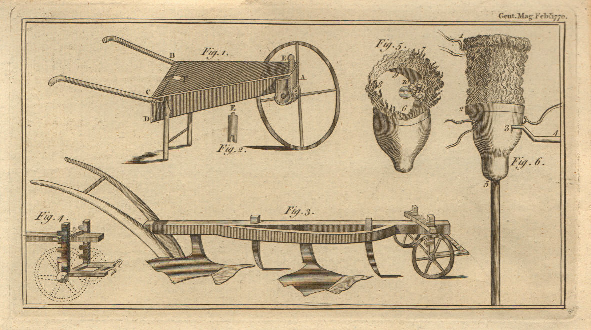 Husbandry. Drill Plough. Double Plough. Hand Drill. Farming 1770 old print