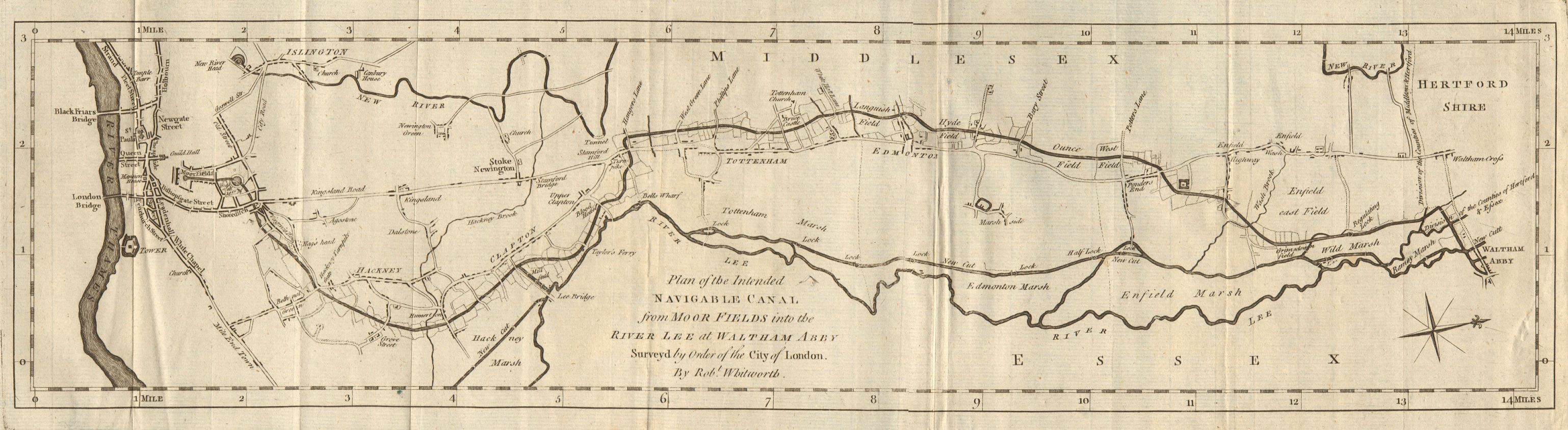 Plan of the intended navigable canal… River Lee Navigation. WHITWORTH 1774 map