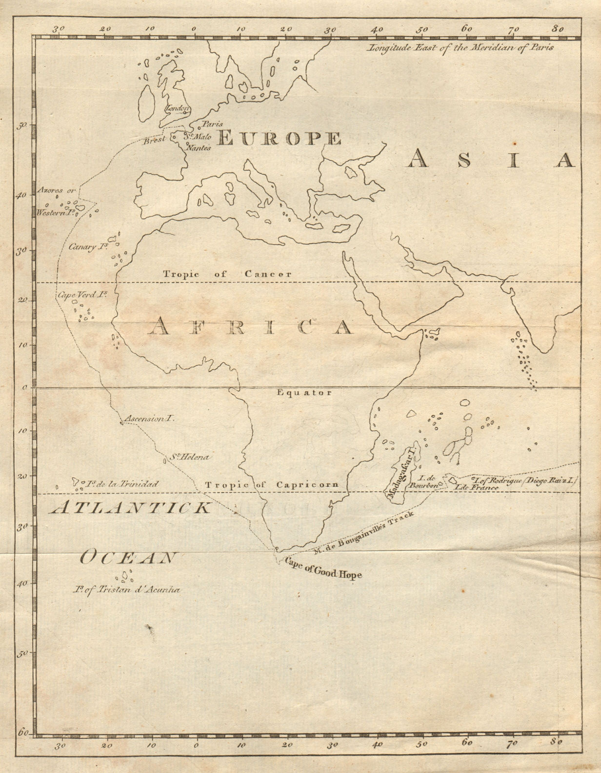 Associate Product Bougainville's 1766 circumnavigation. France-Africa-Réunion. GENTS MAG 1774 map