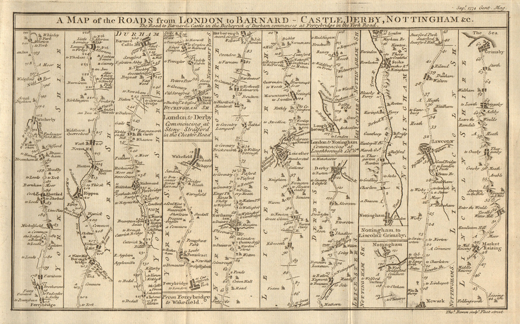 Associate Product East Midlands & Yorkshire road strip map. Derby Ripon Grimsby. BOWEN 1774