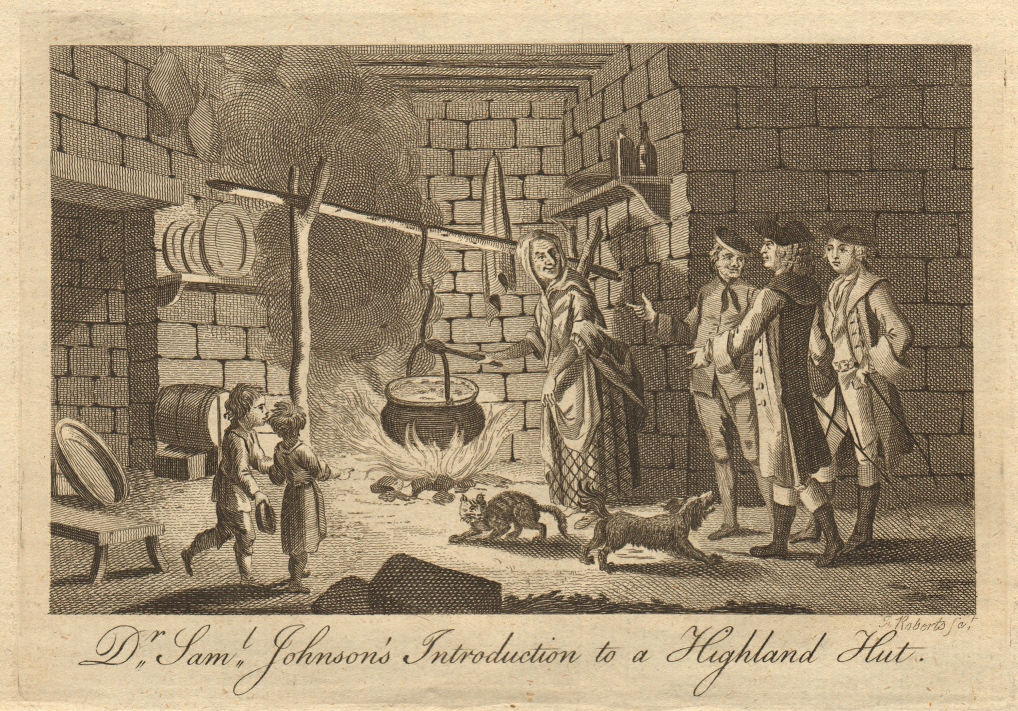 Dr. Samuel Johnson's introduction to a Highland Hut. Scotland 1775 old print