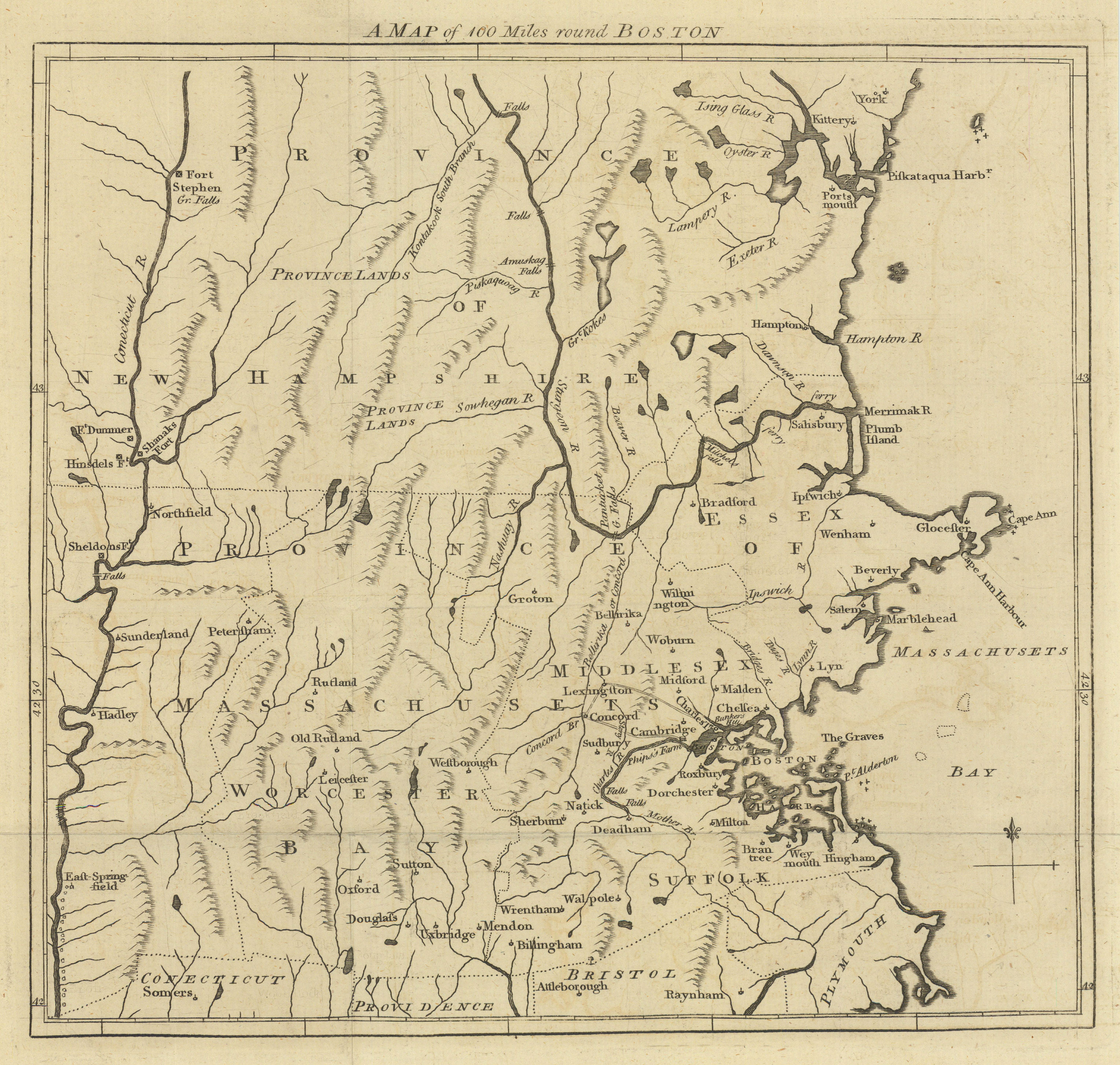 A map of 100 miles round Boston. Massachusetts Bay province. GENTS MAG 1775