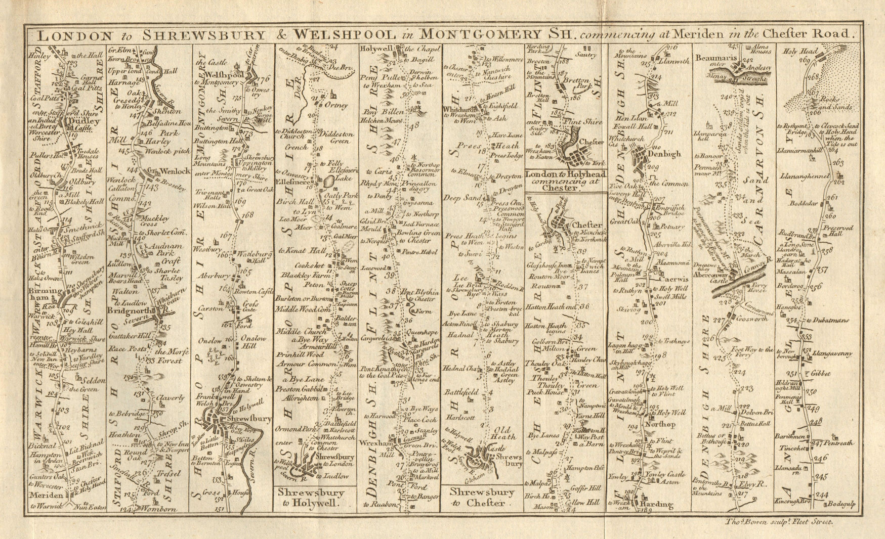 Birmingham-Shrewsbury-Chester-Beaumaris-Holyhead road strip map. BOWEN 1775