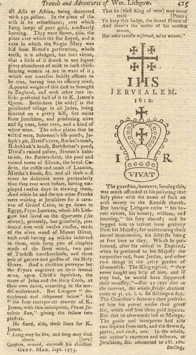 Associate Product A cross and crown of England, from a print in Lithgow's Travels 1775 old