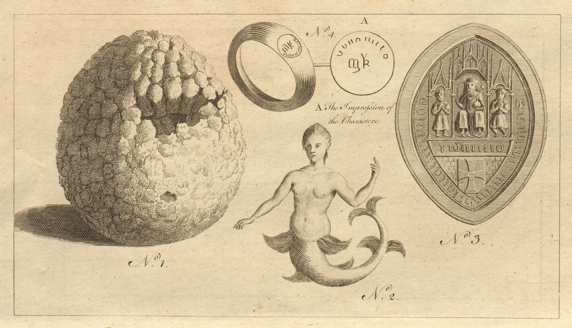 Mermaid exhibited in London 1775. Horse gall stone. Ingham Priory seal 1775