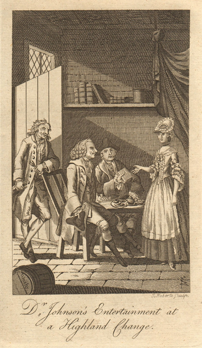 Dr. Johnson's entertainment at a Highland change or pub. Scotland 1776 print