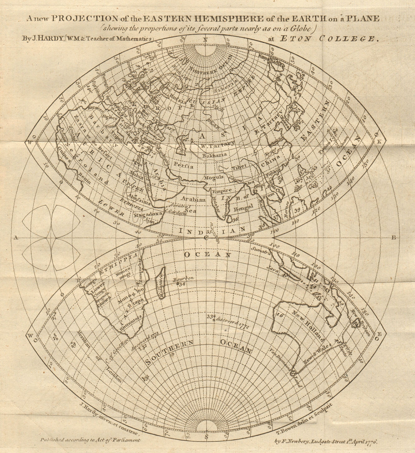 Projection of the Eastern Hemisphere of the Earth on a plane. BOWEN 1776 map