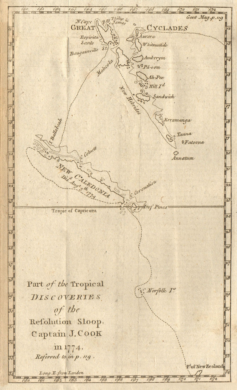 The tropical discoveries of HMS Resolution… New Caledonia Vanuatu. COOK 1776 map