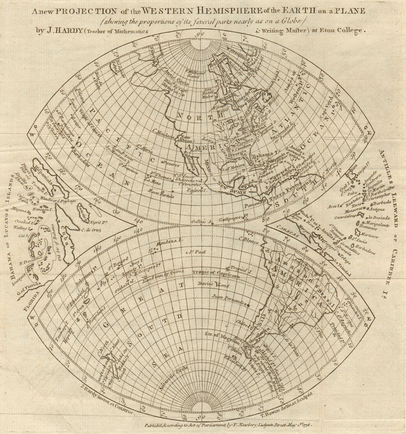 Western Hemisphere of the Earth on a plane. Davis Land. BOWEN 1776 old map