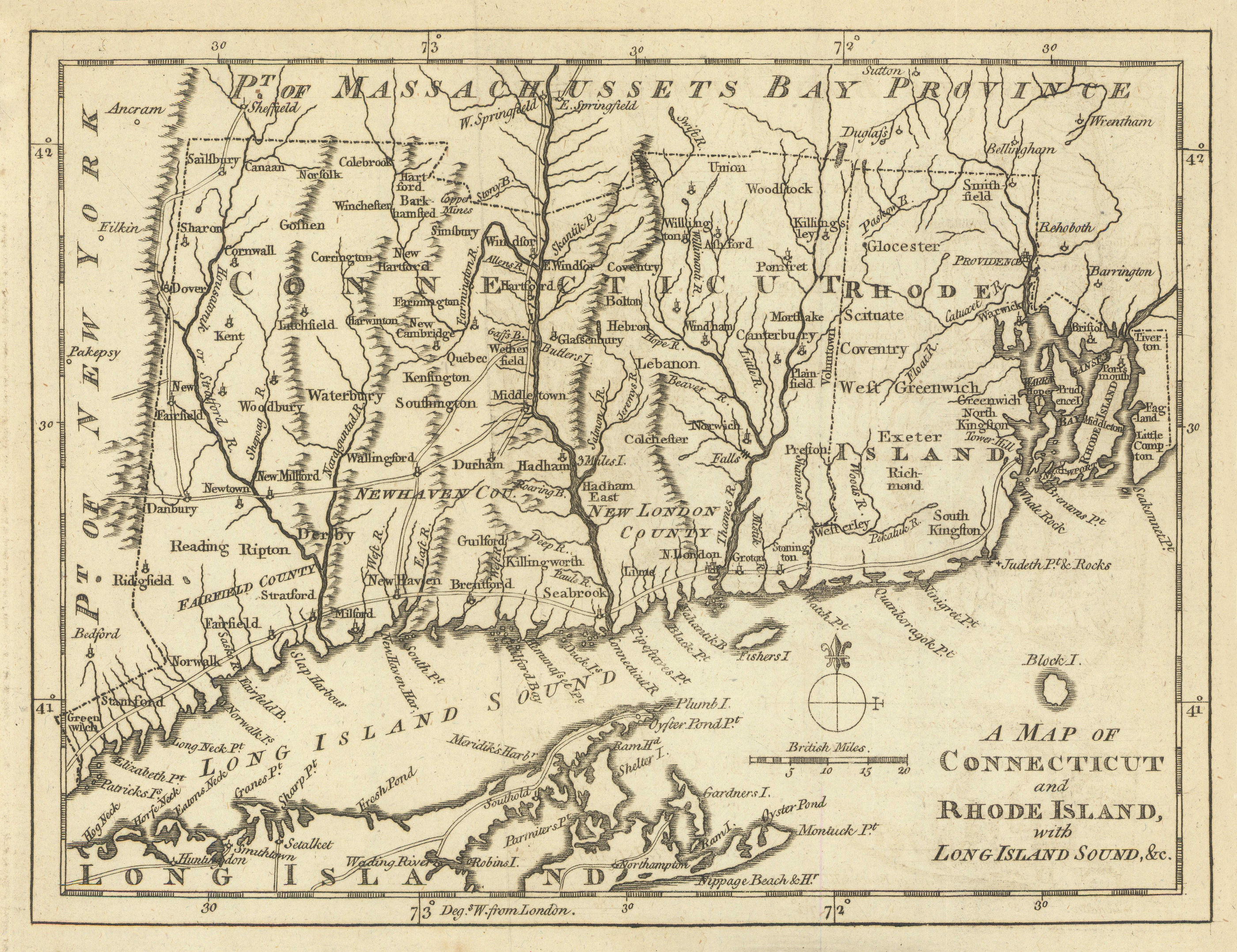 A map of Connecticut and Rhode Island with Long Island Sound. GENTS MAG 1776