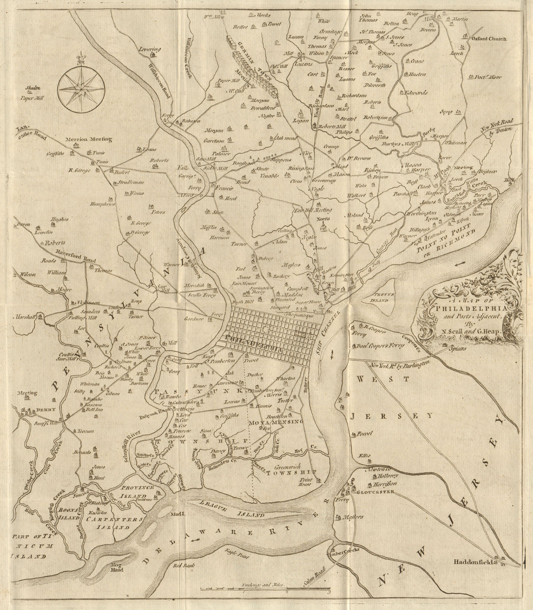 A map of Philadelphia and parts adjacent. Pennsylvania. SCULL & HEAP 1777